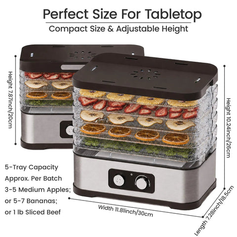 No Sweat Compact Food Dehydrator For Crafting Homemade Beef Jerky Crispy Banana Chips Dried Oregano Leaves And Handcrafted Puppy Bites on tabletop with fruit and herbs.