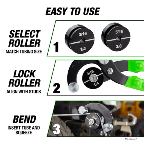 Steps to use Pro Grade Stainless Steel Tube Bending Pliers For Brake Lines showing roller selection and bending process