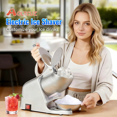 Top Shelf Heavy Duty Electric Ice Crusher And Shaver With A Beefy 300W Motor Powering Through Up To 186 Lbs Per Hour in use, preparing ice for drinks.