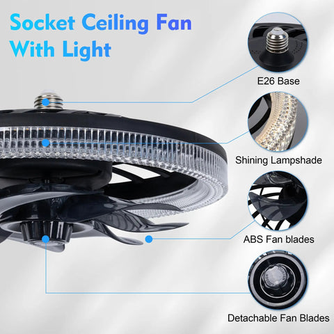Close-up of Screw In Ceiling Fan With Light And Remote Dimmable E26 Bulb Socket Adapter showing E26 base and fan design.