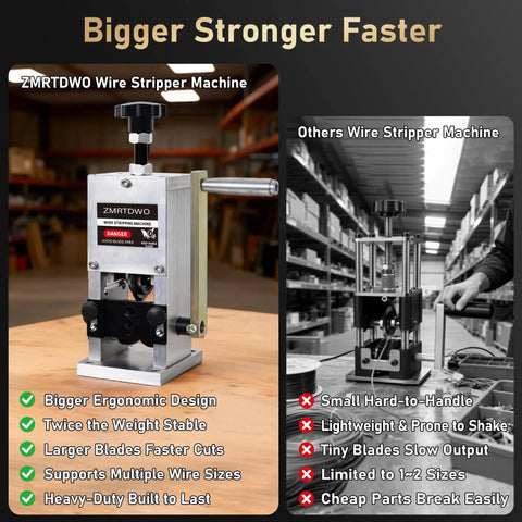 Comparison of adjustable wire stripper machines highlighting features for copper recycling and DIY projects.
