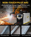 Beast 50 Amp Plasma Cutter With Pilot Arc And Dual Voltage 110V And 220V cutting through steel with LED display visible