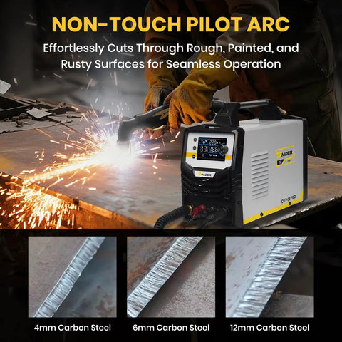 Beast 50 Amp Plasma Cutter With Pilot Arc And Dual Voltage 110V And 220V cutting through steel with LED display visible