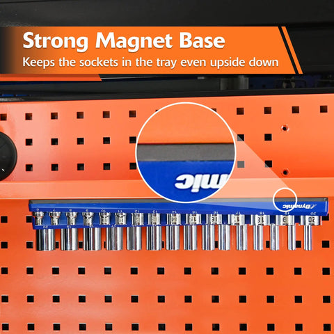 Magnetic Socket Organizer Set 3 Piece in blue holding sockets on an orange pegboard, showcasing magnetic base strength.