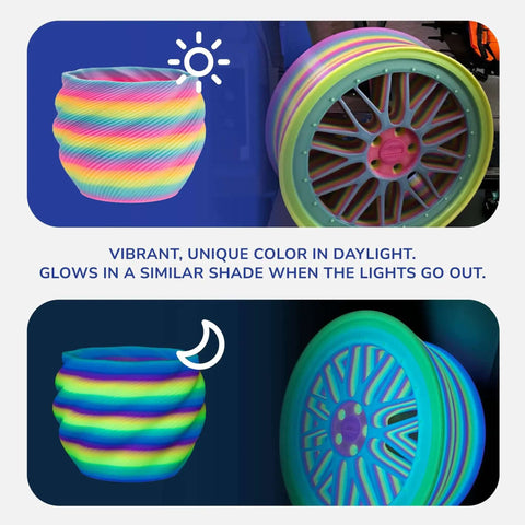 Panchroma Gradient Luminous Rainbow PLA Filament 1.75mm For 3D Printing 1kg Spool Dope Glow In The Dark Finish on vase and wheel model