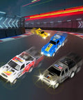 Four high-speed cars on Action Packed Slot Car Race Track Set With Electric Or Battery Power Includes Four High Speed Cars Two Hand Controllers