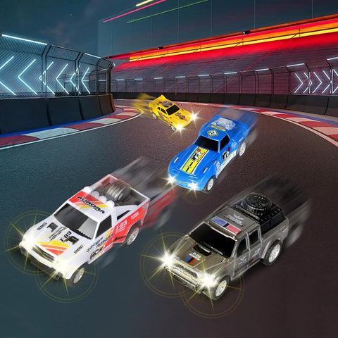 Four high-speed cars on Action Packed Slot Car Race Track Set With Electric Or Battery Power Includes Four High Speed Cars Two Hand Controllers