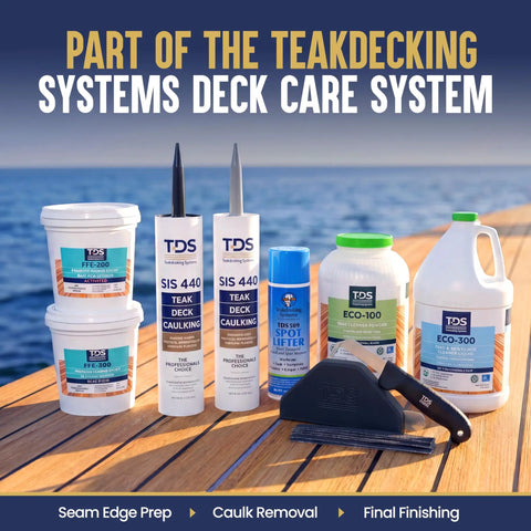 Teak deck care products including sealant, lifter, and reefing hook for boat caulk removal on a wooden deck