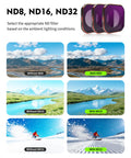 Comparison of landscape and skiing images with and without ND8, ND16, ND32 filters, showing effect on Insta360 Ace Pro 2 UV Lens Filter.