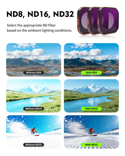 Comparison of landscape and skiing images with and without ND8, ND16, ND32 filters, showing effect on Insta360 Ace Pro 2 UV Lens Filter.