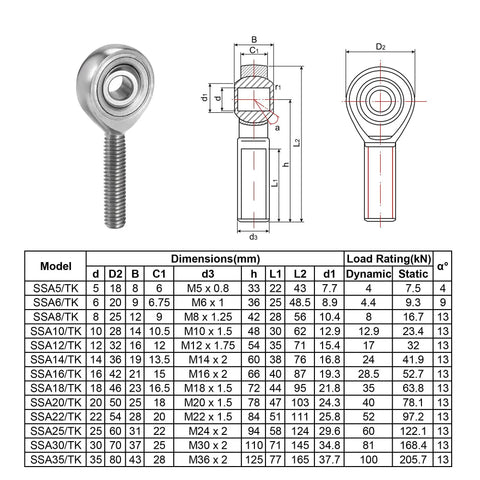6mm Bore Rod End Bearing With M6x1 Right Hand Male Thread In Stainless Steel, Self Aligning Workhorse Joint For Precision Machinery, 9 Degree Angular Misalignment, Corrosion Resistant, 25mm Thread Length, SSA6/TK diagram