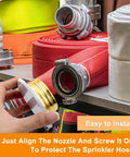 Straight Up Secure White Flat Fire Sprinkler Head Covers 4 Pack Galvanized Steel Guard Caps For Ceiling Pipe Safety And Dead Easy Snag Proof Installation with red and white hoses.
