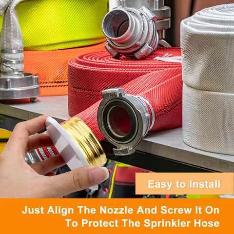 Straight Up Secure White Flat Fire Sprinkler Head Covers 4 Pack Galvanized Steel Guard Caps For Ceiling Pipe Safety And Dead Easy Snag Proof Installation with red and white hoses.