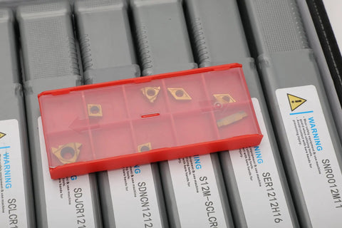 Close-up of Beefy Pro Grade Lathe Turning Tool Kit 21 Piece Set With 1/2 Inch Shank, carbide inserts in red case
