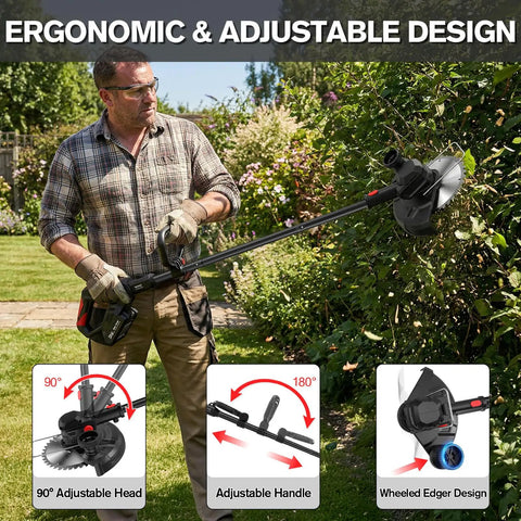 Person using 21V Cordless Weed Wacker And Lawn Edger Do It All 4 In 1 Garden System with adjustable head and handle in yard.
