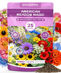 American Meadow Magic Wildflower Seed Mix Bulk Pack 25 Varieties Non GMO packaging with colorful flowers and seeds.