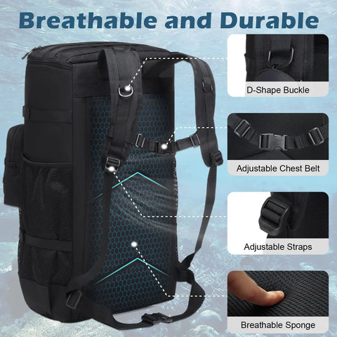 Back view of 65L Scuba Diving Backpack for Travel With Large U Opening Gear Bag featuring adjustable straps and breathable sponge padding.