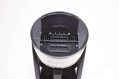 Top view of open Heat N Brew 10 Cup Programmable Coffee Maker With Stainless Steel Finish, showing Even Brew Showerhead