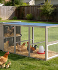Large Outdoor Chicken Coop With Run For 6 To 8 Chickens Two Tier Side Nesting Boxes Four Lockable Egg Doors Asphalt Roof And Waterproof Oxford Run Cover For Easy Backyard Egg Collection in a backyard with chickens inside and outside the coop.