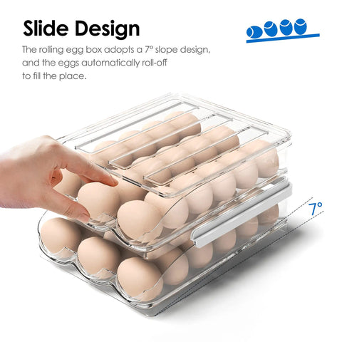 18 Egg Auto Rolling Fridge Egg Tray Storage Organizer showing 1 layer design with hand accessing eggs in clear plastic container