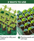 Ultra Thick 160 Cell Seed Starter Tray Kit with Humidity Dome showing planting for Jiffy peat pellets and seed cell trays