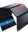 28W Portable Solar Charger That Slays The Day With Dual USB C And USB A for camping and hiking, unfolded with dual panels.