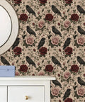 Peel And Stick Wallpaper Featuring Crow And Floral Design Self Adhesive Wallcovering For Fast Room Refresh Easy Peel Off Temporary Wallpaper That Slaps Up Quickly To Give Your Space A Fresh Vibe with a mirror and dresser.