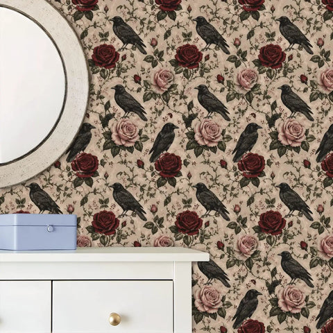 Peel And Stick Wallpaper Featuring Crow And Floral Design Self Adhesive Wallcovering For Fast Room Refresh Easy Peel Off Temporary Wallpaper That Slaps Up Quickly To Give Your Space A Fresh Vibe with a mirror and dresser.