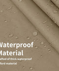 Close-up of camel-colored fabric with water droplets showcasing waterproof material used in Waterproof Patio Cushion Covers 24x24x4 Inches 4 Pack Non Slip Outdoor Cushion Slipcovers With Zipper Weather Resistant Camel Color Cover Only For Backyard Deck Patio Furniture.