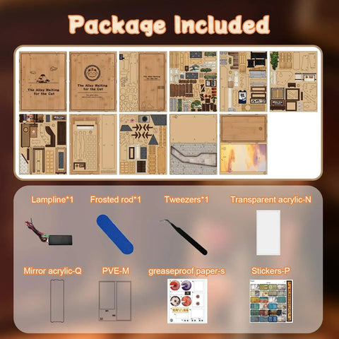 DIY 3D Wooden Book Nook Kit For Adults, Teens, And Beginners, Tiny House Shelf Decor, Real Wood Puzzle package contents