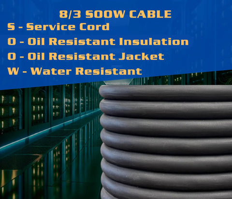 Coiled Heavy Duty 25 Foot SOOW Cable 8 AWG 3 Conductor 600V Portable Power Extension Cord With Ultra Flexible CPD Jacket