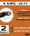 Heavy Duty 4 Gauge Battery Cable Set, Two 25 Ft Lengths, 50 Ft Total, Red and Black Copper Clad Aluminum Primary Wire