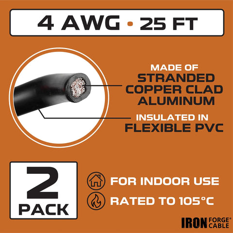 Heavy Duty 4 Gauge Battery Cable Set, Two 25 Ft Lengths, 50 Ft Total, Red and Black Copper Clad Aluminum Primary Wire