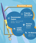 Checkmate Advanced Two Stage Flying Rocket Model Kit For Ages 10 And Up with rocket specs and technical details displayed.