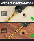 Gold-coated countersink drill bit cutting into soft wood (top) and hard wood (bottom) with drilled holes