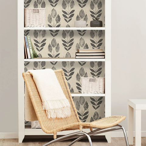 Folk Tulip Peel And Stick Wallpaper Neutral Textured Removable For DIY Room Makeover On Smooth Walls Repositionable And Easy To Install No Residue When Removed 20.5 In By 18 Ft