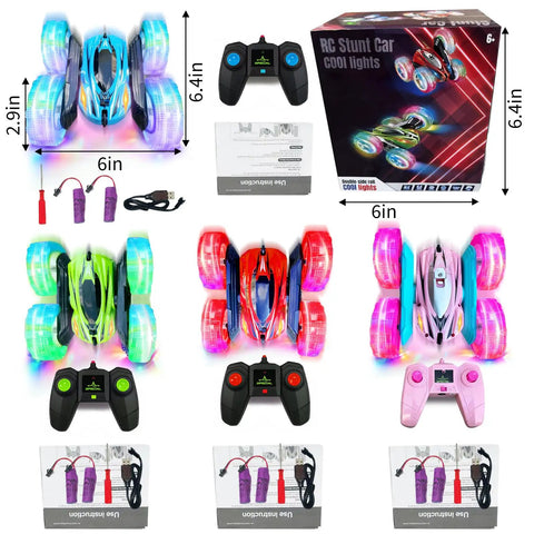 Four Pack Remote Control Cars For Kids Two Point Four GHz RC Stunt Cars With Wheel Lights High Speed 4WD Off Road Drift Toys Double Sided 360 Degree Rotation Great Gift For Boys And Girls, showcasing colorful cars and controllers.