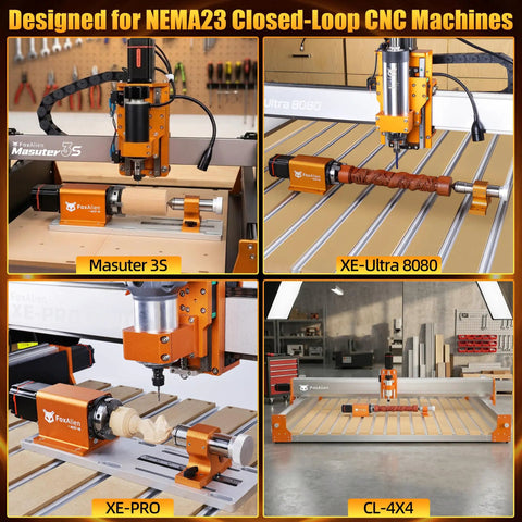 4th Axis Rotary Module For Masuter 3S Xe Ultra Xe Pro CNC Router With Nema23 Closed Loop Stepper And Ten To One Reduction Gearbox For Cylindrical Wood And Metal Engraving Ac57 10 displayed in various CNC machines including Masuter 3S and XE Ultra
