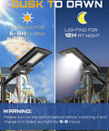 Powerful 300W Solar Street Light With 20000 Lumens day-night operation, showing sunlight charging and illuminated night use