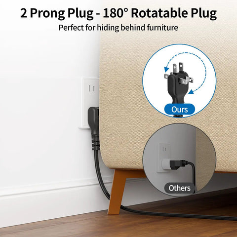 2 Prong To 3 Prong Outlet Adapter Power Strip With 180 Degree Rotating Plug behind sofa comparison with other plug