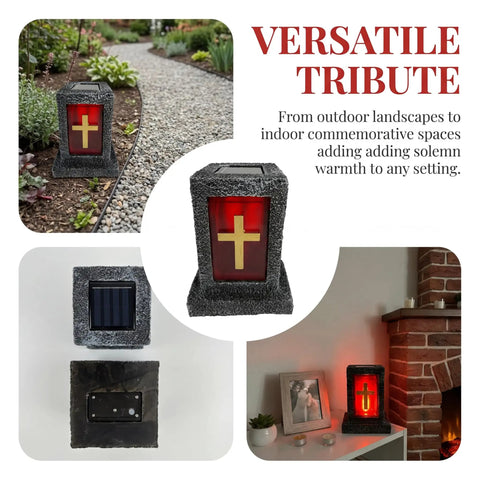 Red cemetery light with gold cross on black stand, versatile for indoor and outdoor memorial settings, solar panel detail.