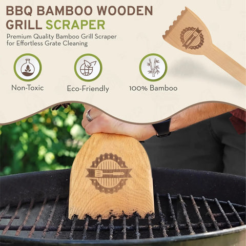 Person using beech wood BBQ grill scraper with grooved edge on grill, labeled 'Beef Up Your Grill Game With This Beech Wood BBQ Grill Scraper Fits Traeger And Most Grills, No Metal Bristles, Safe Durable Grooved Edge Cleaner For Quick Bristle Free Cleanup And Pro Level Barbecues', eco-friendly, non-toxic symbol