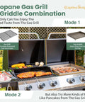 Propane Gas Griddle Grill Combo With Porcelain Enamel Cast Iron Grates And Cast Iron Pan in outdoor setting