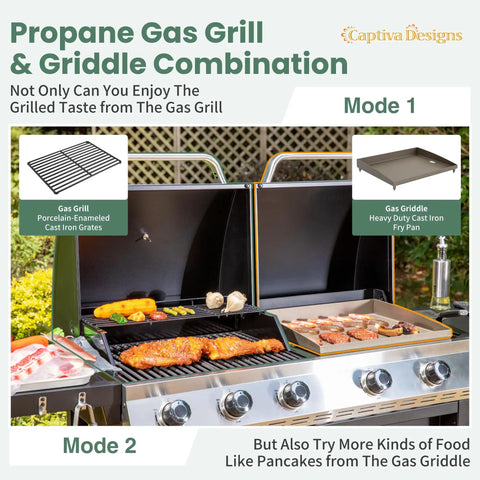 Propane Gas Griddle Grill Combo With Porcelain Enamel Cast Iron Grates And Cast Iron Pan in outdoor setting