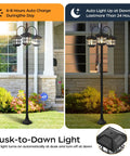 Side by side day and night view of 76 Inch Black Solar Lamp Post Light With Three Heads in a garden setting, highlighting waterproof and all-weather features.