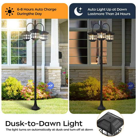 Side by side day and night view of 76 Inch Black Solar Lamp Post Light With Three Heads in a garden setting, highlighting waterproof and all-weather features.