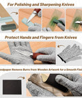 Image of tools from All-In-One Wood Carving Kit For Beginners with sharpening stone, protective gloves, and knife polishing process.