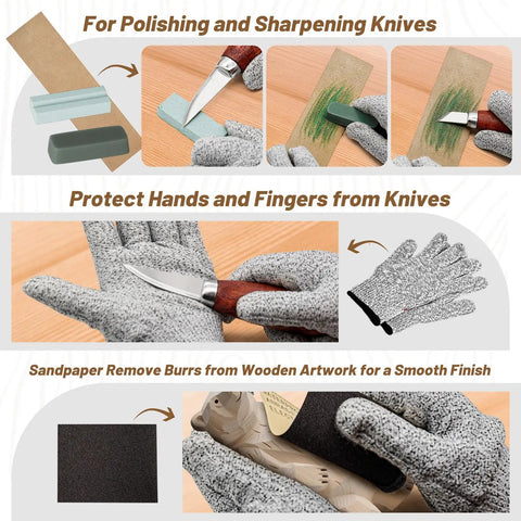 Image of tools from All-In-One Wood Carving Kit For Beginners with sharpening stone, protective gloves, and knife polishing process.