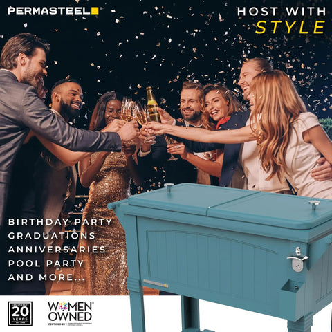 Party Cooler With Divider And Locking Lid, 80-Qt Rolling Ice Chest in matte teal at celebration event with people in background