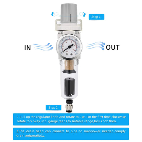 Air Filter Regulator Combo With Auto Drain For Pneumatic Systems, 5 Micron Brass Element, Poly Bowl, Front View